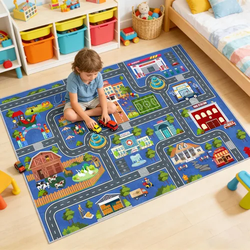 Vista 5 de Alfombra de coche de carretera para niños, 31 x 47 pulgadas, alfombra de pista de carreras de ciudad, alfombra de carreras para niños, alfombra