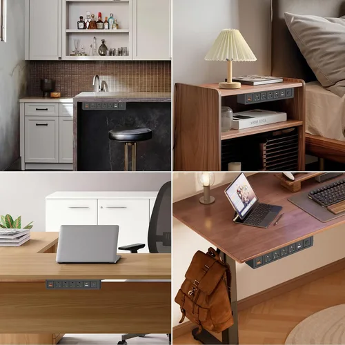Vista 4 de Regleta de alimentación 8 en 1 para debajo del escritorio con interruptor, 4 tomas, 4 USB, cable de 6 pies, 14 AWG USB C de 20 W, 18 W USB A