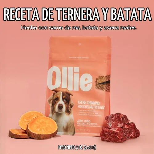 Vista 3 de Ollie Golosinas para Perros de Carne de Res y Batata Dulce Tipo Jerky, Paquete de 5 oz de 1, Completamente Naturales, Bocadillos Saludables, Hechas