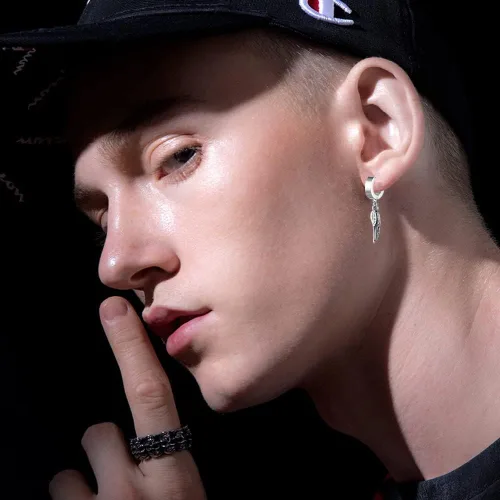 Vista 3 de Aretes de aro unisex punk hip hop, acero inoxidable, plateado, negro, dorado, bloqueo de trueno, rayo, perno colgante, regalo para mujeres, hombres