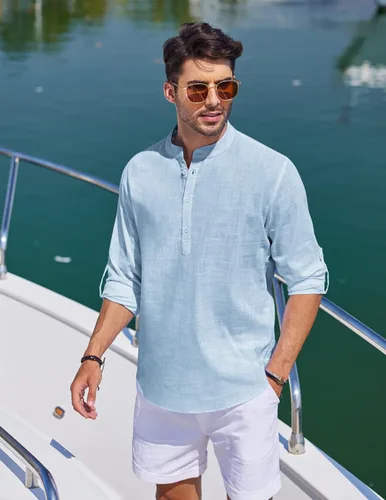 Vista 3 de JINIDU Camisas de lino de algodón para hombre, manga larga, Henley hippie, playa, boda, yoga