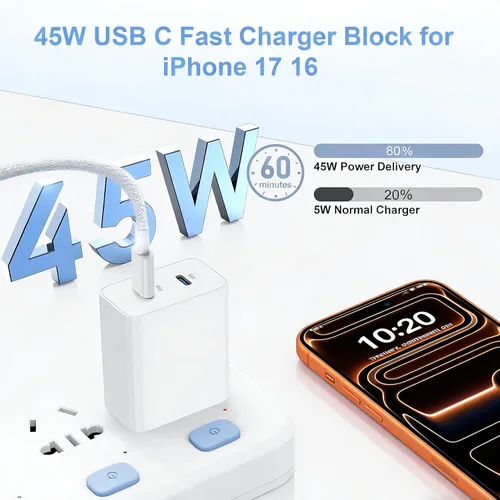 Vista 2 de Cargador súper rápido USB C de 45 W, paquete de 2 bloques de carga dual USB C para iPhone con cable trenzado tipo C a C de 3.3 pies de carga rápida