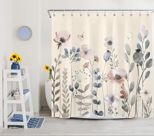 Vista 13 de Cortina de ducha con diseño bohemio de plantas y flores de acuarela sobre fondo beige, cortina de ducha de baño con hojas naturales, cortina