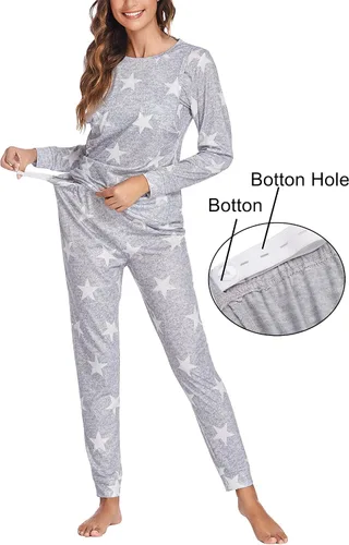 Vista 3 de Ekouaer Conjunto de ropa interior térmica de maternidad y lactancia, conjunto de pantalones largos de punto a rayas, capa base superior e inferior