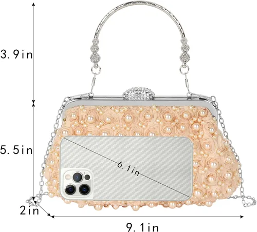 Vista 6 de Women Mini False Pearls Evening Handbag Clutch Metal Top-handle Bag Chain Strap Cross-body Bag
