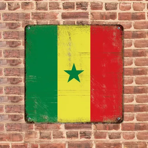 Vista 2 de Letrero de metal con bandera internacional del país, bandera de Senegal, regalo de bandera de Senegal, letreros de aluminio desgastados, decoración