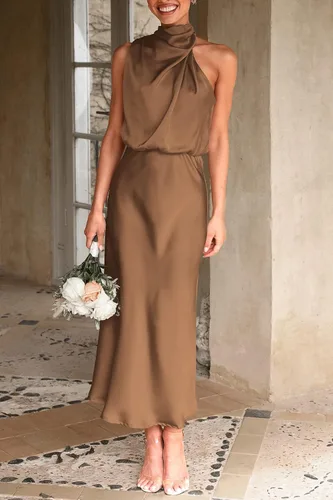 Vista 2 de PRETTYGARDEN Vestido de satén de verano 2023 para mujer, elegante, sin mangas, cuello alto, vestido maxi para fiesta de cóctel