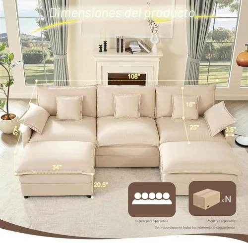 Vista 2 de GOSUHI - Sofá en forma de U de 108", sofá seccional modular, sofá de nube de 3 plazas con otomana móvil, sofás de asiento profundo para sala de Beige