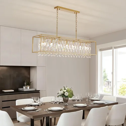 Vista 4 de Siljoy Moderno candelabro rectangular de cristal lineal dorado, L47