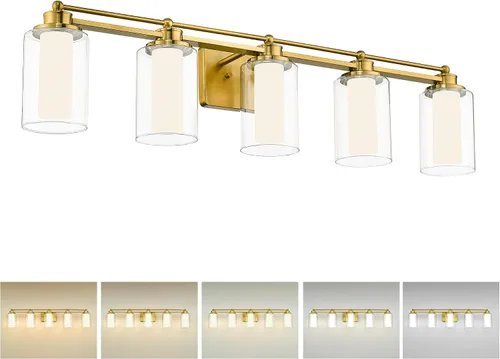 Vista 11 de HWH - Lámpara de tocador cromada con 5 luces sobre espejo, lámpara de pared moderna para baño, 37 pulgadas, acabado cromado, 5HLT63B-5W CH