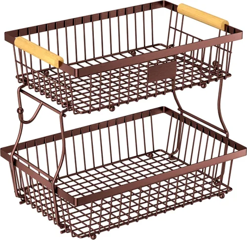 Vista 15 de Cesta de frutas de 2 niveles para encimera de cocina con 2 ganchos para plátanos, cesta de pan de metal para encimera con mango de madera, soporte