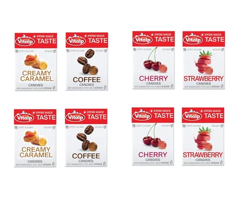 Vista 20 de Vitalp Sabor, Hecho en Suiza, Caramelo Sin Azúcar con Stevia, Vegano, Sabor a Cereza, Paquetes de 25g/0.88 Onzas, 16 Cajas