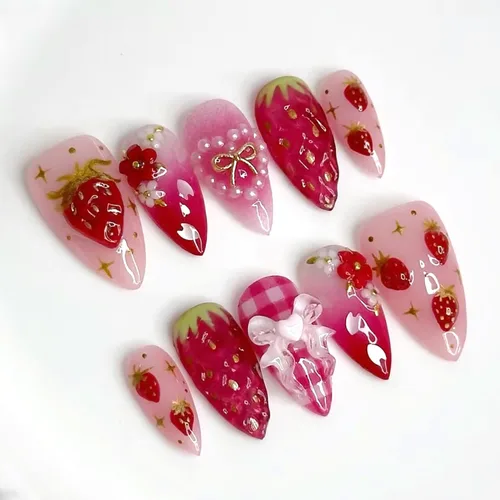 Vista 44 de 24 piezas de uñas postizas de punta francesa a presión, uñas postizas medianas en forma de almendra con diseño de ondas azul oscuro, uñas postizas