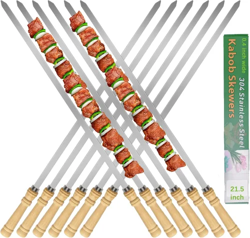 Vista 9 de Brochetas planas de 21.5 pulgadas de largo para brochetas (12 unidades), brochetas de acero inoxidable 304 de 0.4 pulgadas de ancho para asar a