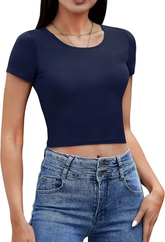 Vista 2 de Paquete de 4 camisetas cortas básicas ajustadas de manga corta para mujer, lindas camisetas cortas de moda con cuello redondo para mujeres