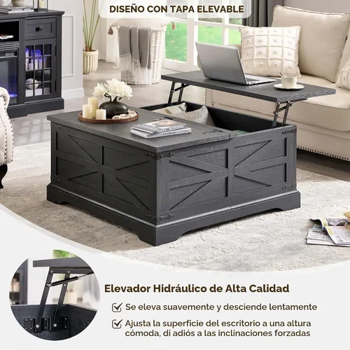 Vista 3 de JXQTLINGMU Mesa de centro cuadrada estilo granja con gran almacenamiento de Negro