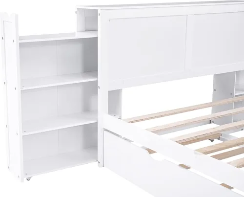 Vista 6 de SOFTSEA Marco de cama de tamaño matrimonial con estantería extraíble en cabecero, cama de almacenamiento de madera, marco de cama de plataforma