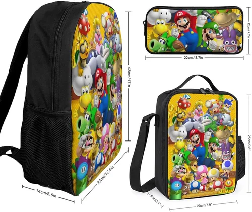 Vista 2 de oqatdsn Mar.io Su.per - Mochila para adolescentes y niñas con lonchera y estuche 3 en 1