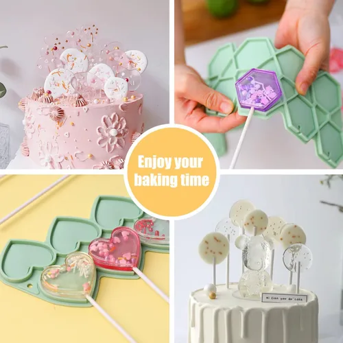 Vista 6 de QELEG 2 moldes de silicona con 100 palitos de papel, moldes redondos para piruletas de chocolate, ideales para caramelos duros, cake pop, cubo