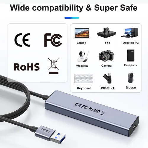 Vista 6 de Hub USB 3.0, divisor USB TSUPY con 5 puertos USB y cable extendido de 4 pies, concentrador de datos de aluminio ultrafino, adaptador multi USB 3.0