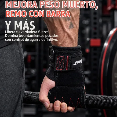 Vista 2 de Weight Lifting Grips with D-Ring, Leather Palm and Wrist Support