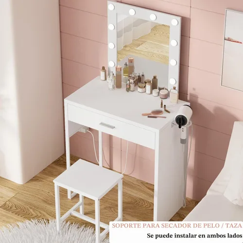 Vista 5 de Titoni Pequeño tocador de maquillaje con espejo y luces, escritorio blanco con silla, brillo ajustable, juego de mesa de maquillaje para dormitorio