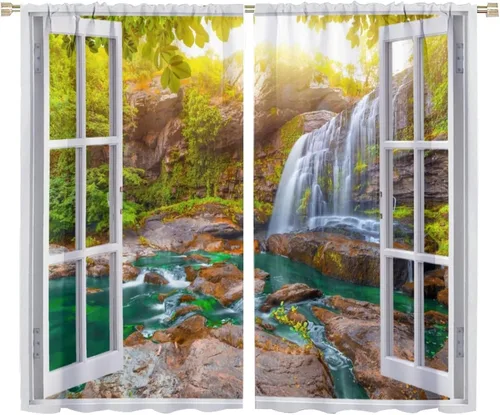 Vista 60 de Cortinas de paisaje, ventana tropical con vista al mar, océano, playa, barco, cortinas con estampado de palmeras para dormitorio, sala de estar, Mar