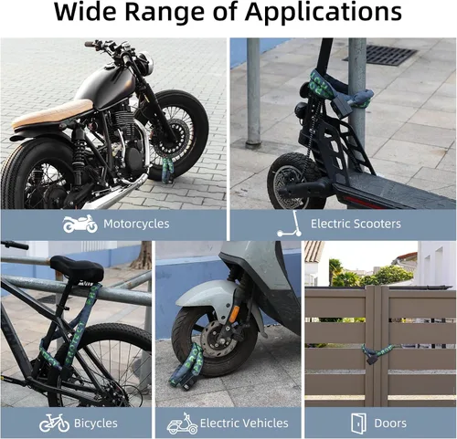 Vista 7 de Candado de cadena para bicicleta con alarma E Scooter Lock alarma antirrobo 110dB 4ft seguridad resistente con cable USB C y 3 llaves para Verde