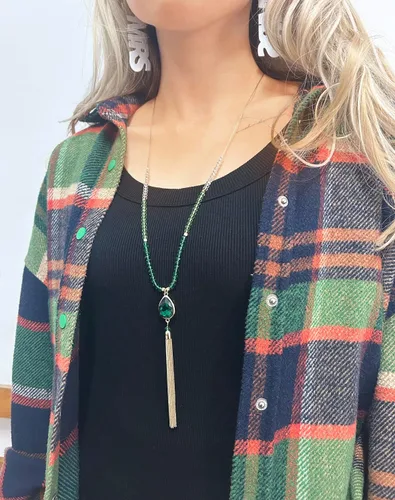 Vista 4 de Collar de borla larga con cuentas de cristal rosa, rojo, gris, champán, azul y verde para mujeres y niñas