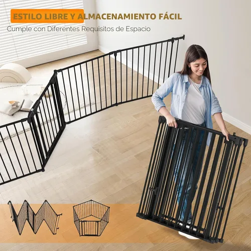 Vista 3 de Bonnlo Puerta de bebé configurable de 120 pulgadas de ancho, valla de seguridad para chimenea, patio de juegos de metal ajustable de 5 paneles