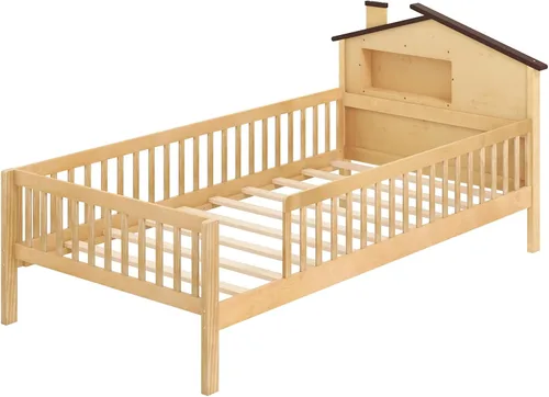 Vista 9 de KOMFOTT Base de cama individual con rieles y cabecera en forma de casa, plataforma de madera maciza con barandillas de seguridad, cubo de Natural