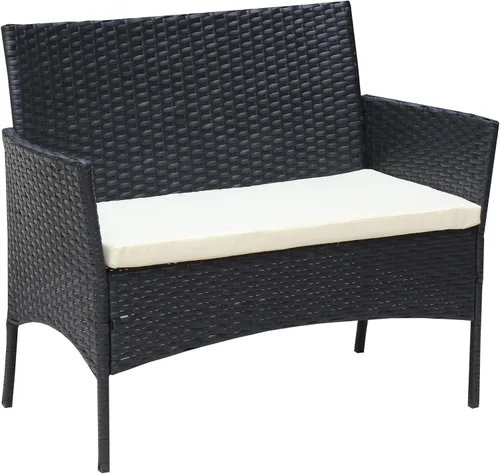 Vista 5 de Juego de sofá de ratán para exteriores, 4 piezas, juego de muebles de mimbre para patio, silla acolchada y mesa de centro (cojín beige)