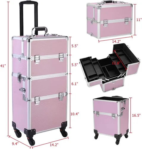 Vista 7 de Karl home Estuche de tren de maquillaje 3 en 1, carrito de cosméticos rodante, organizador de viaje de gran capacidad con llave ruedas giratorias