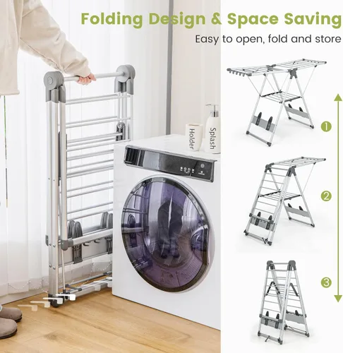 Vista 4 de Giantex Estante de secado de ropa, 2 capas de aluminio plegable con altura ajustable de 5 niveles, 21 rieles de secado, 10 clips laterales, 4