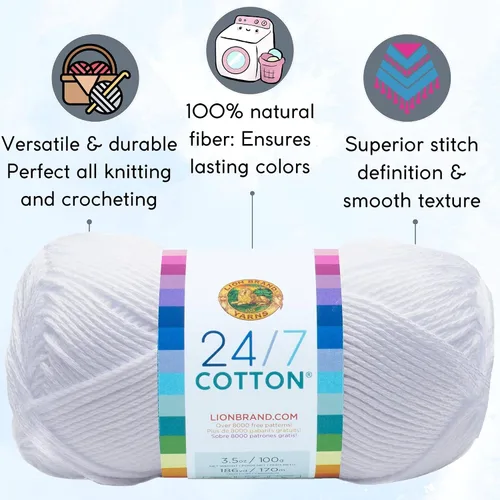 Vista 2 de Lion Brand 24/7 Algodón Blanco 761-100 (6-Carrillos - Mismo Lote de Tinta) Hila Gruesa Media #4 de Algodón para Crochet y Tejido con Bolsa