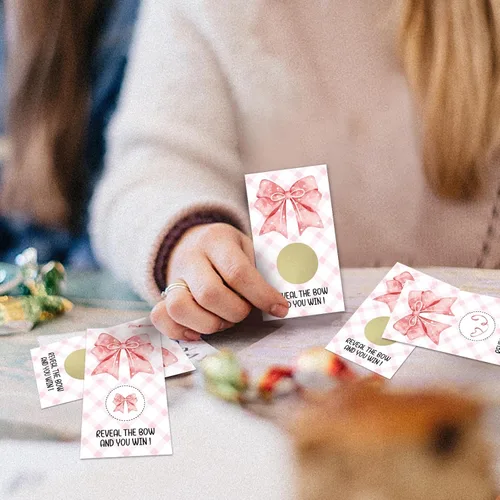 Vista 5 de REWIDPARTY 32 tarjetas para raspar con lazo rosa, boletos para raspar con lazo de acuarela, boletos de sorteo de lotería para bodas, baby shower