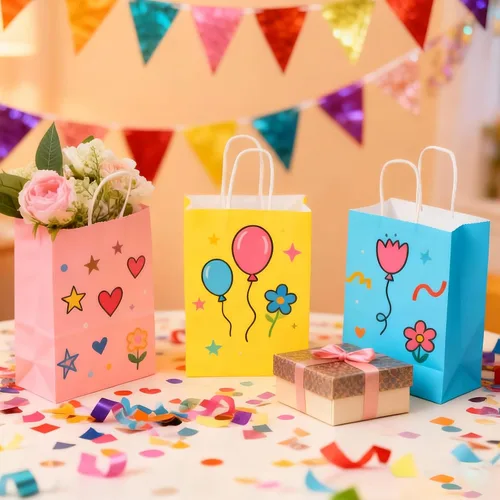 Vista 6 de XEMGUE Paquete de 36 bolsas de regalo pequeñas con asas, 10 coloridas bolsas de papel para recuerdos de fiesta de cumpleaños de niños, baby shower