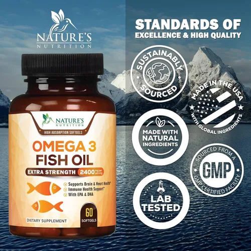 Vista 4 de Suplementos de aceite de pescado Omega 3 – 2400 mg de aceite de pescado por porción – Omega-3 de triple fuerza con ácidos grasos EPA y DHA – Apoyo