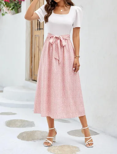 Vista 2 de Vestido midi para mujer 2024 con cuello cuadrado, manga corta, casual, acanalado, profesor, iglesia, modesto, trajes de trabajo de negocios