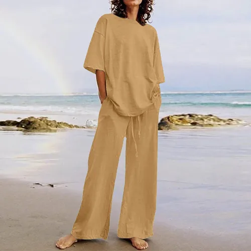 Vista 13 de Conjuntos de verano de 2 piezas para mujer, conjuntos elegantes y casuales de color liso, para verano, otoño, cuello redondo, tops y pantalones