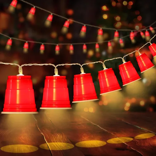 Vista 9 de Hiboom Cadena de luces LED rojas de 13 pies con 20 tazas rojas, mini luces de taza de chupito