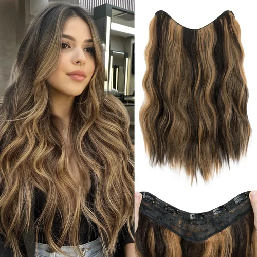 Vista 56 de S-noilite Extensiones de cabello de una pieza con clip, color rubio balayage de 18 pulgadas, en forma de U, extensiones de cabello de trama de una