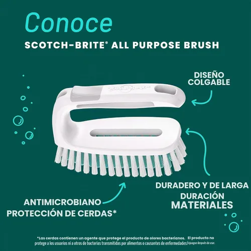 Vista 2 de Scotch-Brite Cepillo multiusos: cerdas duraderas para suelos de azulejos, paredes, puertas de ducha, bañeras y accesorios de baño, mango ergonómico