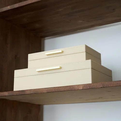 Vista 7 de ZICOTO Moderno juego de 2 cajas de almacenamiento decorativas con asas de metal negro, caja organizadora de joyas de piel sintética, caja