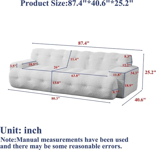 Vista 2 de KEIKI Sofá Cloud de 87.4 pulgadas, sofá de 3 asientos de gran tamaño con brazo cuadrado con botones, asiento profundo de felpilla para sala