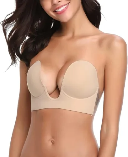 Vista 2 de Dopheuor Push Up Plunge Strapless Sticky Adhesive Bra Deep U-Shaped Invisible Backless Bra for Women Beige