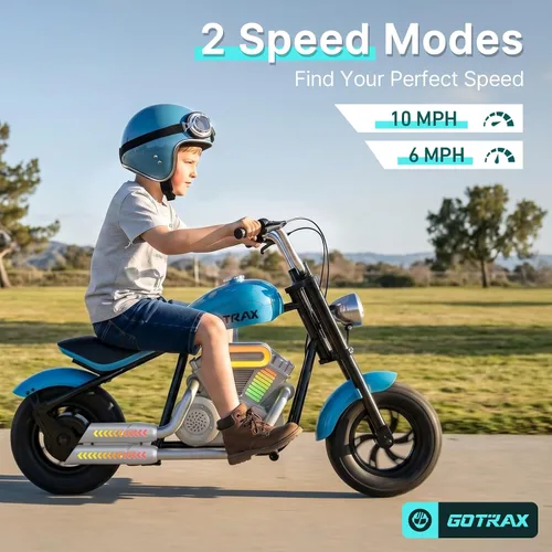 Vista 5 de Gotrax Retro Motorcycle for Kids 8+, 12" Tires,Max 9 Miles,6/10Mph 2 Speeds Blue