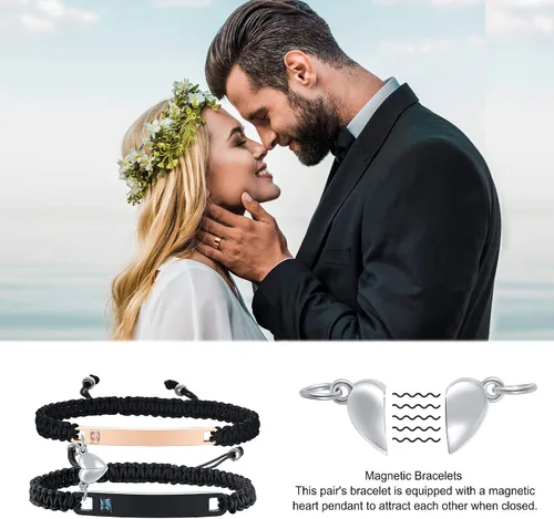 Vista 2 de MEALGUET - Pulseras magnéticas personalizadas para parejas de atracción mutua, pulseras de identificación trenzadas con nombre, conjunto de pulseras