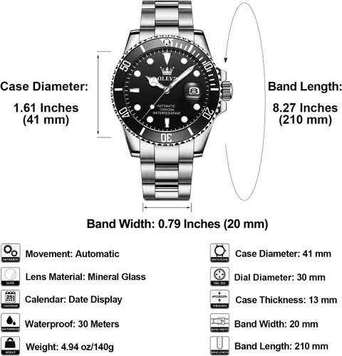 Vista 6 de OLEVS Men's Automatic Watch, Large Face Stainless Steel Self Winding Negro/Plateado