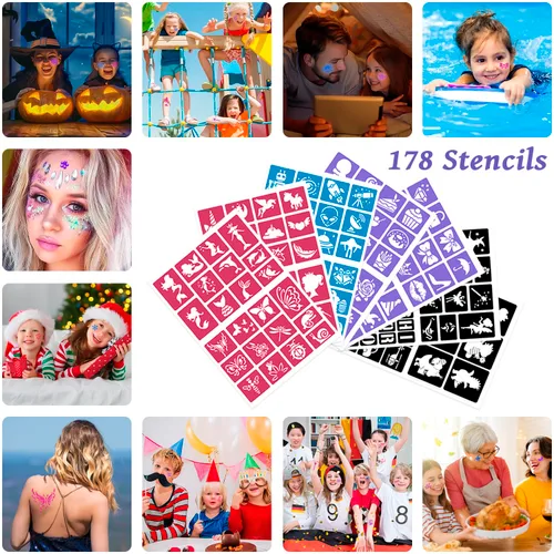 Vista 6 de Kit de tatuajes temporales con purpurina para niños, 48 colores de purpurina, 178 plantillas, 4 pegamento, 5 pinceles, kit de purpurina para adultos